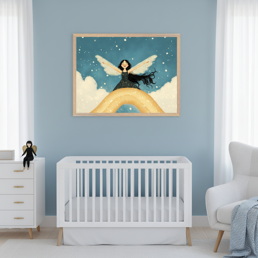 Modern nursery with a white crib, dresser, and armchair. A large framed illustration of a smiling winged figure on a golden rainbow, surrounded by clouds and stars, hangs centered above the crib on a blue wall.