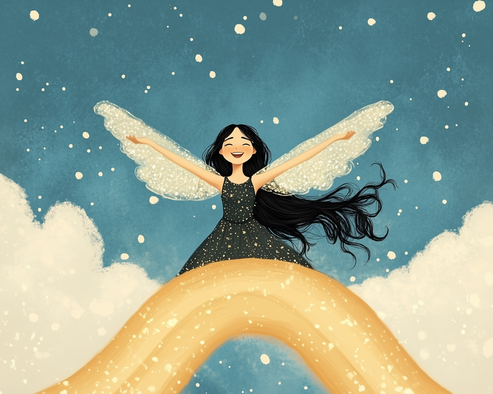 A joyful fairy with sparkling wings and flowing black hair stands atop a glowing golden rainbow, arms outstretched against a night sky filled with stars.
