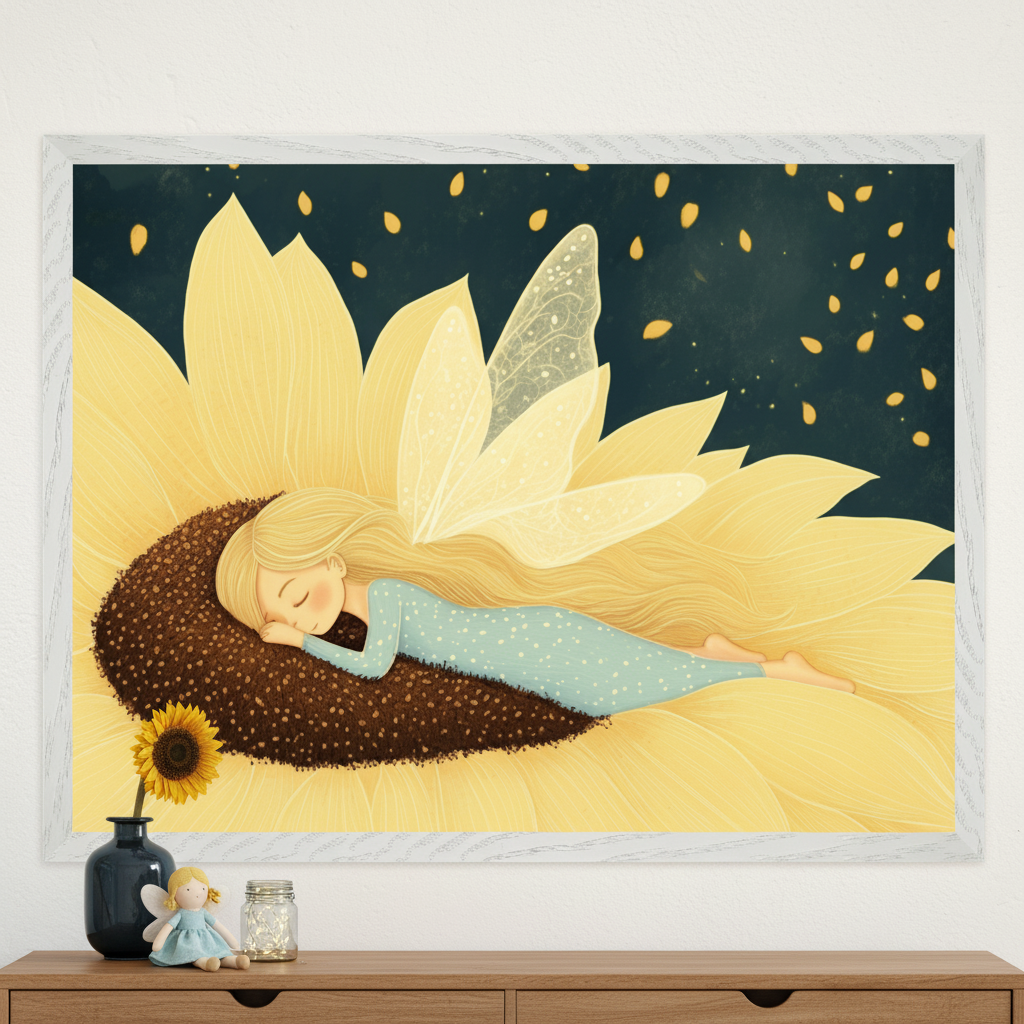 Framed illustration of a blonde fairy in a light blue starry gown peacefully sleeping on the center of a giant sunflower, with soft golden petals and delicate translucent wings. The dreamy nighttime scene is decorated with falling petals and hangs above a wooden dresser featuring sunflower-themed and fairy decor, adding a gentle, magical touch to the space.