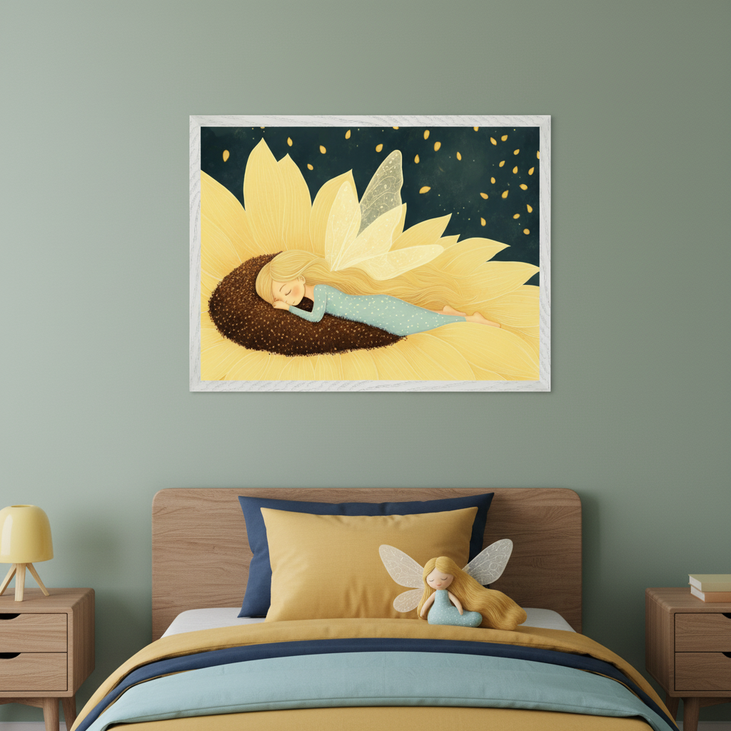 Modern kid's bedroom with a wooden bed and two nightstands. A large framed cartoon-style illustration of a blonde fairy with wings sleeping on a sunflower, with falling petals, hangs centered above the bed. The room features yellow and blue bedding and a fairy doll on the bed.