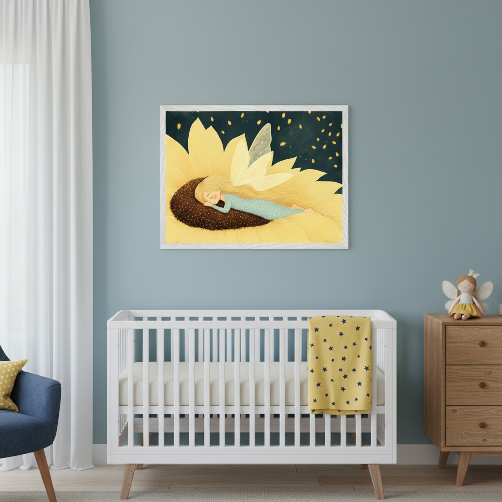 Modern nursery with a white crib, yellow star blanket, and blue armchair. A white-framed illustration of a blonde fairy sleeping on a large yellow sunflower hangs above the crib on a blue wall. A wooden dresser with a fairy doll is on the right.