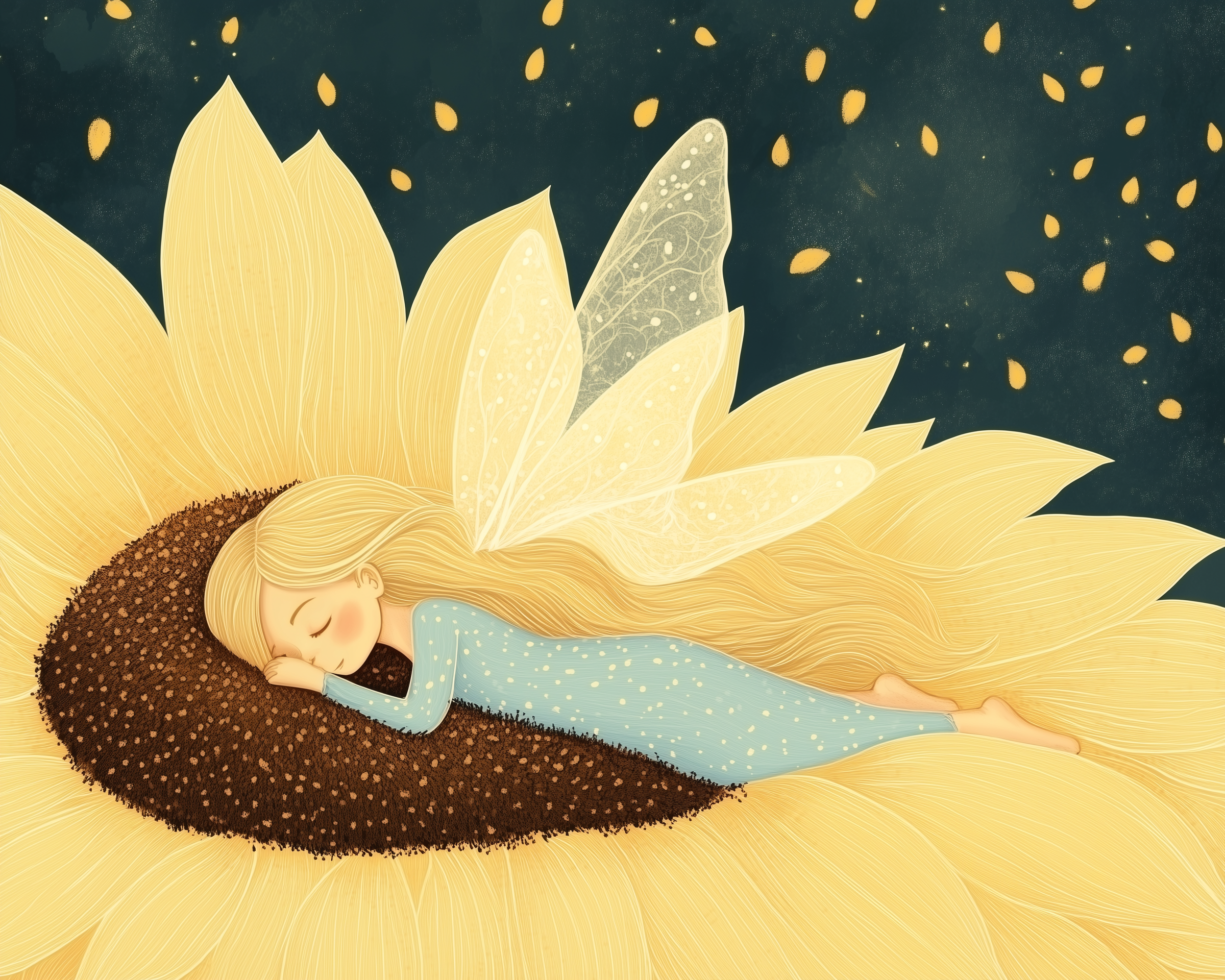 A peaceful fairy with translucent wings and long blonde hair sleeps curled up on the soft center of a giant sunflower, as glowing petals float through a dark sky.
