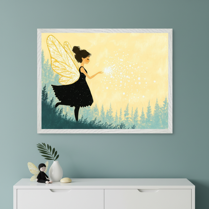 Modern room with teal wall. A large white-framed print of an illustrative fairy with yellow wings and black dress, standing in a forest under a yellow sky, holding glowing particles, hangs above a white dresser.
