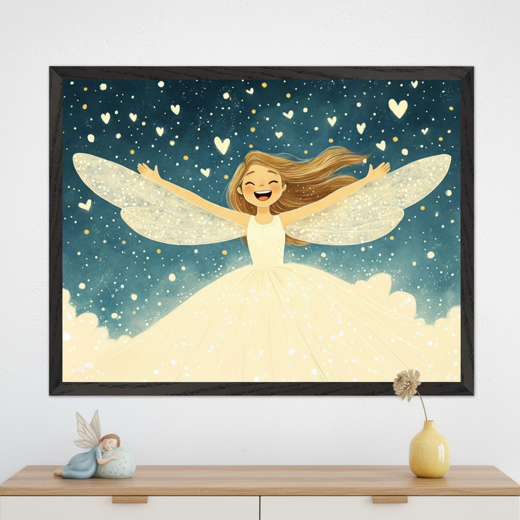 Modern room with a light wood dresser. A large black-framed illustrative drawing of a smiling fairy with outstretched arms, white sparkly wings, and a long white dress, against a starry dark blue background with hearts, hangs centered above the dresser. A small fairy figurine and a yellow vase with a dried flower are on the dresser.
