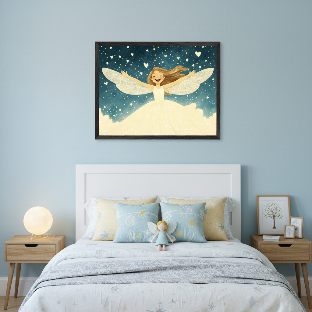 Kid's bedroom with a white bed and two nightstands. A framed illustration of a happy blonde fairy with wings, wearing a white dress on clouds under a starry, heart-filled sky, hangs centered above the bed.