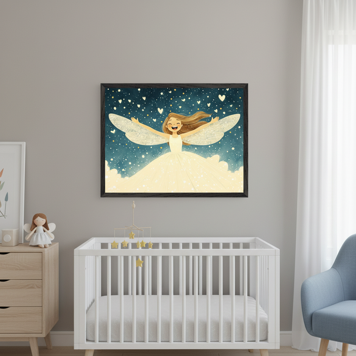 Modern nursery with a white crib and wooden dresser. A large framed cartoon art print of a smiling fairy with wings, surrounded by hearts and stars against a blue sky, hangs above the crib.