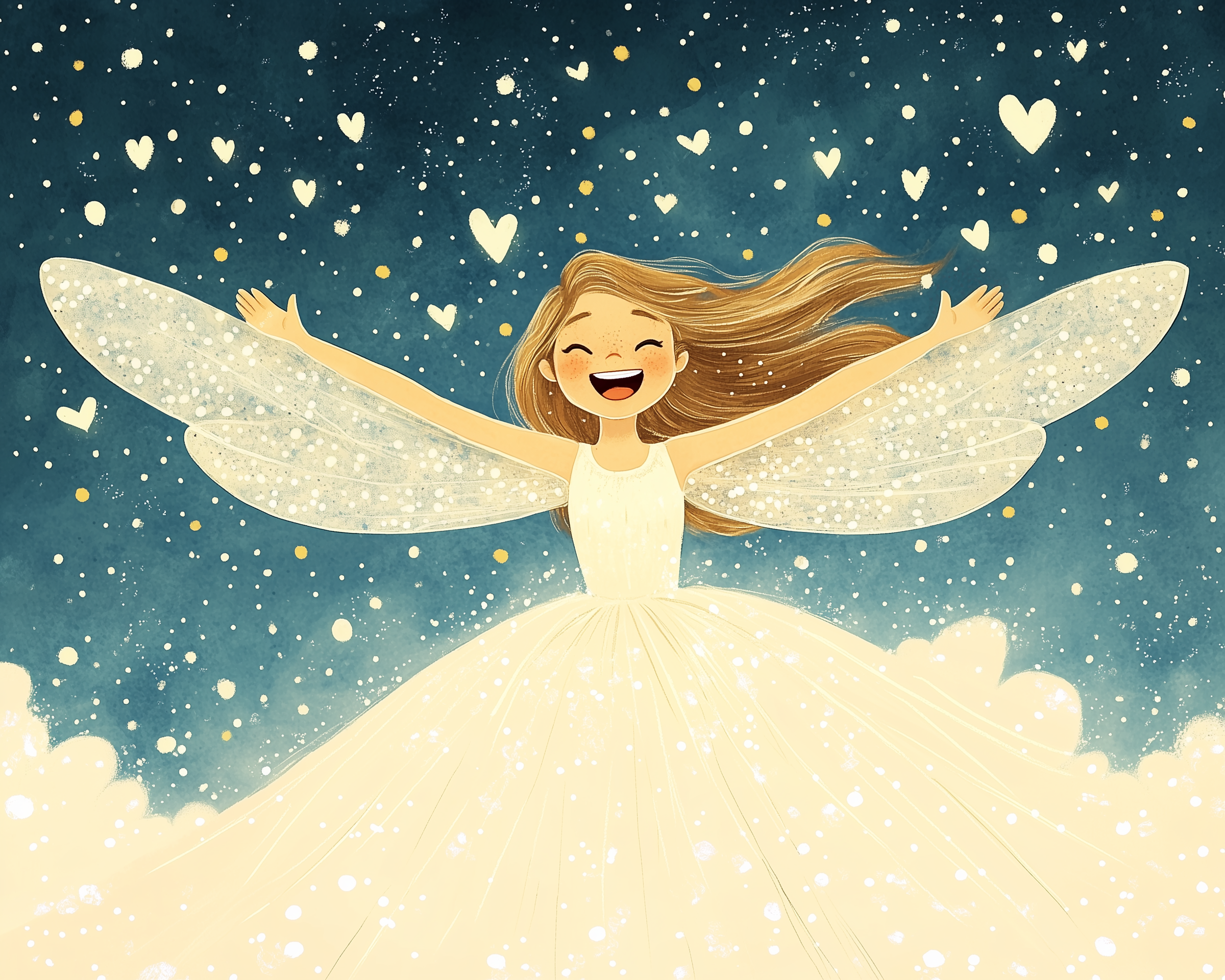 A glowing fairy in a white dress laughs with arms wide open, standing among floating white hearts and golden lights against a starry night sky.

