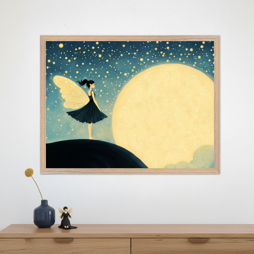 Framed nursery wall art of a fairy in a dark dress with glowing wings standing on a hill, gazing at a massive full moon surrounded by sparkling stars in a dreamy night sky. The print is displayed above a wooden dresser with a matching fairy figurine and a dark blue vase holding a single yellow billy ball flower, creating a calm and celestial vibe.