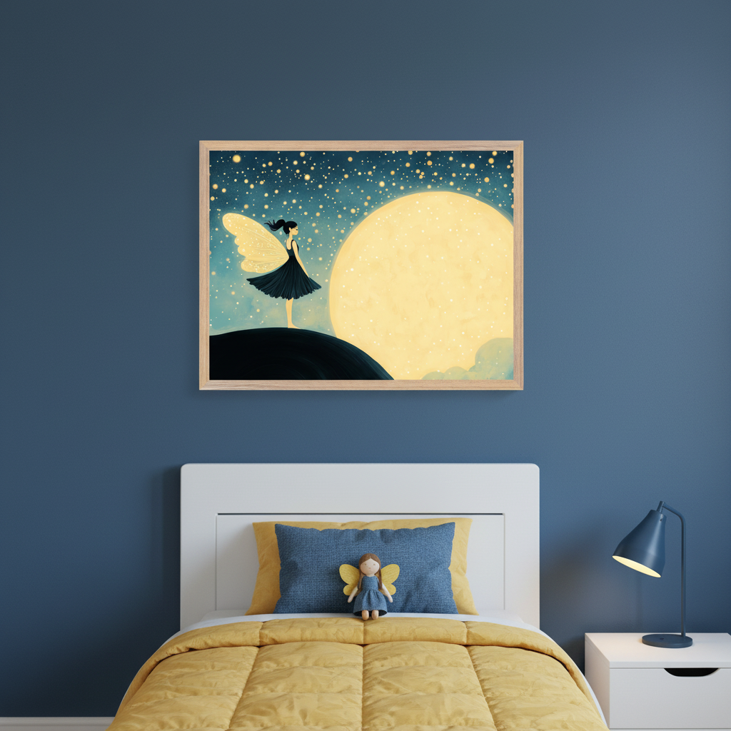 Kid's bedroom with a white bed and yellow bedding against a blue wall. A framed illustration of a fairy with yellow wings on a hill under a starry sky, looking at a huge yellow moon, hangs centered above the bed. A fairy doll sits on the bed. A white nightstand and blue lamp are on the right.