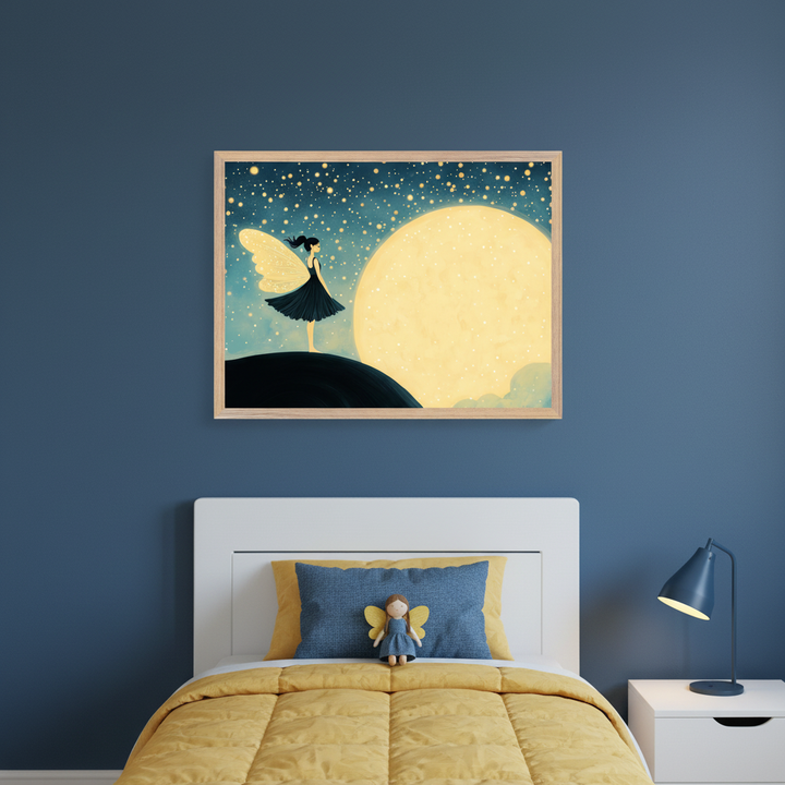 Kid's bedroom with a white bed and yellow bedding against a blue wall. A framed illustration of a fairy with yellow wings on a hill under a starry sky, looking at a huge yellow moon, hangs centered above the bed. A fairy doll sits on the bed. A white nightstand and blue lamp are on the right.