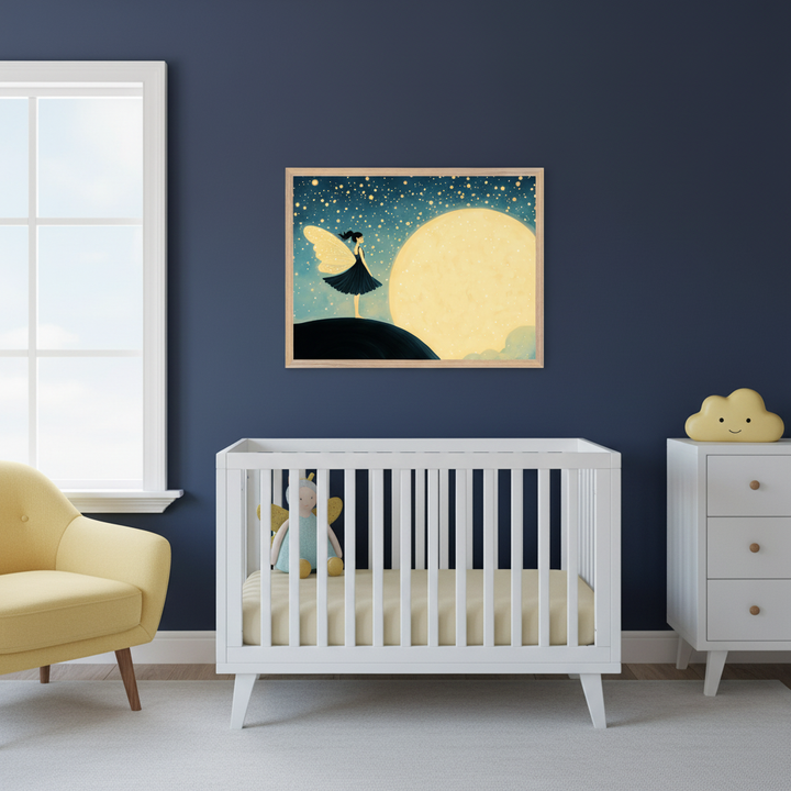Modern nursery with dark blue walls, a white crib, a yellow armchair, and a white dresser. A framed artwork featuring a fairy on a hill facing a large full moon under a starry sky hangs above the crib.