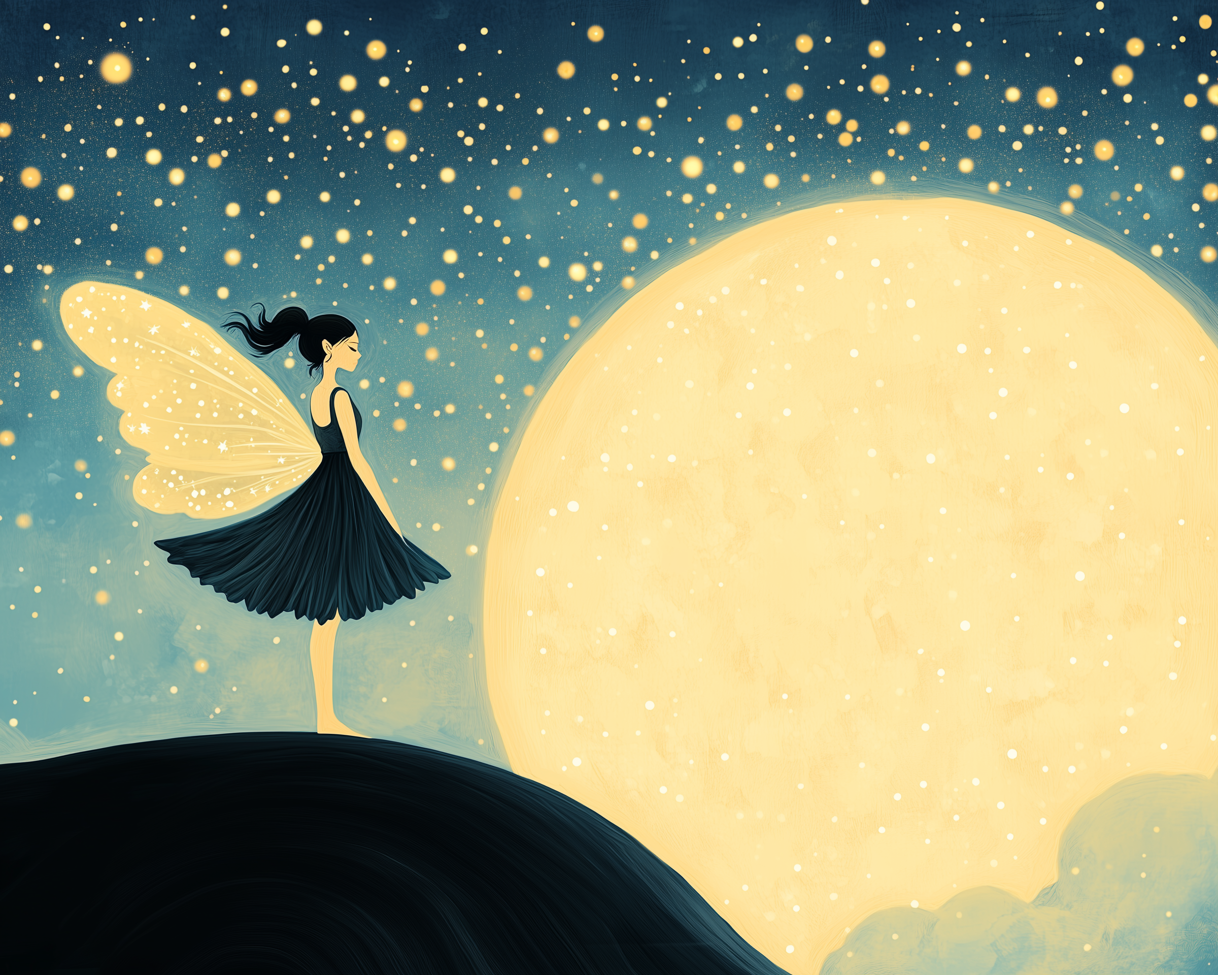 A fairy in a black dress stands on a hill with her wings glowing as she gazes at an enormous full moon surrounded by sparkling stars.
