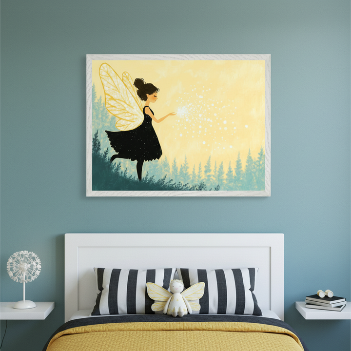 Kid's bedroom with a teal wall, a white headboard bed, yellow blanket, and striped pillow. Centered above the bed is a framed stylized illustration of a dark-haired fairy with yellow wings and a black dress, emitting sparkling light in a forest with a yellow sky. White nightstands flank the bed.