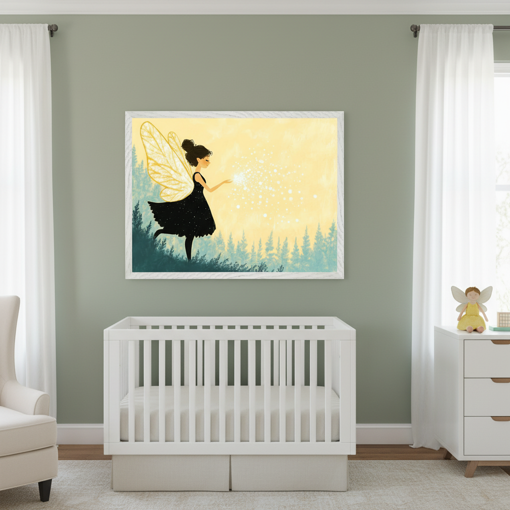Modern nursery with sage green walls. A white crib, white armchair, and white dresser are visible. A large framed print of a fairy in a black dress with gold wings creating sparkling lights above a forest, on a yellow background, hangs centered over the crib.