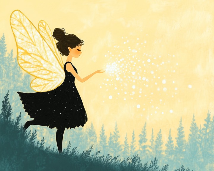 A fairy with golden wings and a black dress releases glowing magic into the air while standing on a hilltop with a soft yellow sky and pine forest behind her.
