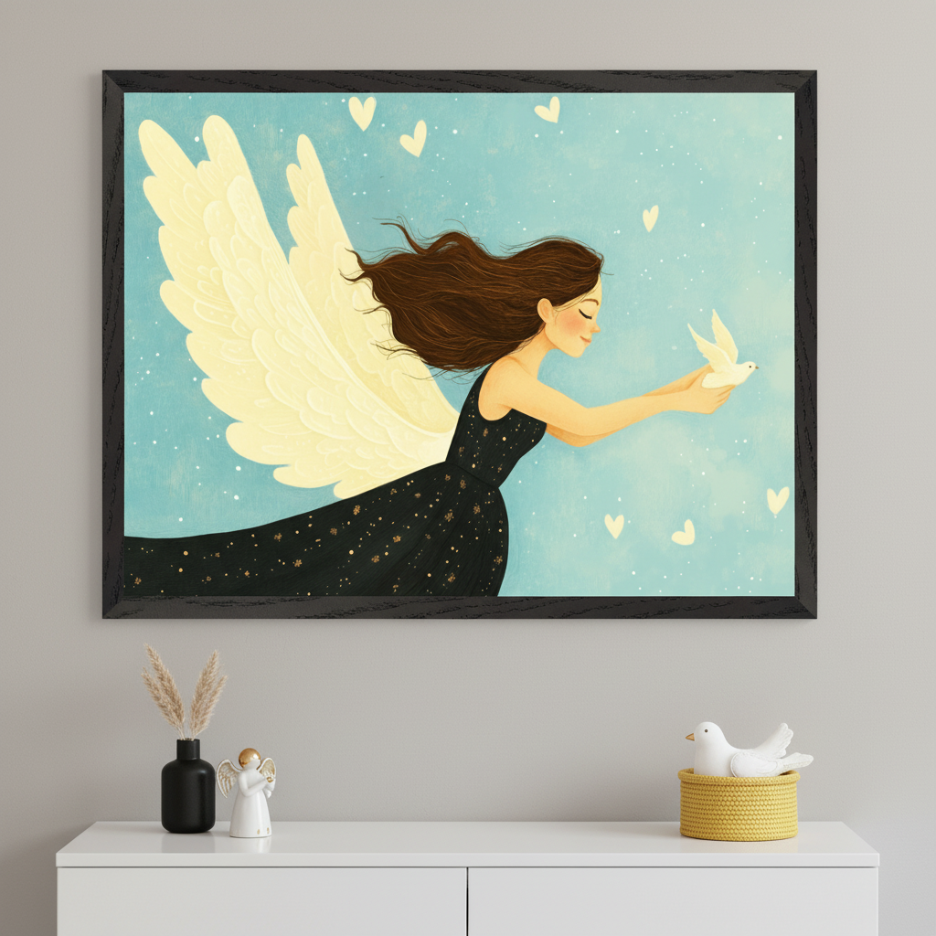 Framed illustration of a graceful angel with flowing brown hair and large white wings, wearing a starry black dress and gently releasing a white dove into a sky filled with soft hearts and sparkles. The uplifting scene is displayed above a white dresser with angel and bird-themed decor, radiating peace and serenity.