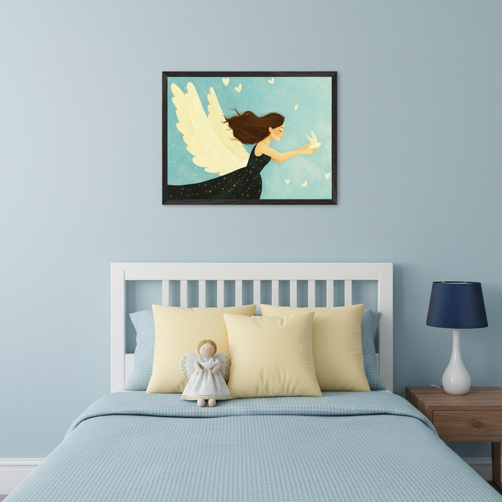 Kid's bedroom with a white slatted bed and a light blue bedspread. A framed painting of a winged angel in a black starry dress releasing a white dove, with hearts in a light blue sky, hangs centered above the bed. A nightstand and lamp are on the right.