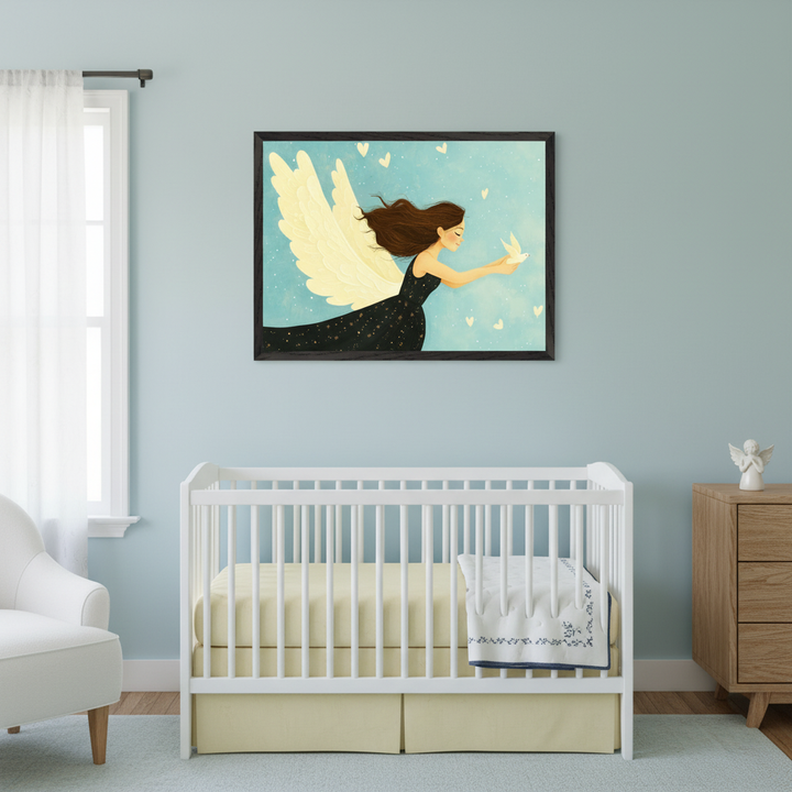Modern nursery with a white crib, white armchair, and wood dresser. A large framed painting of a winged woman in a black dress reaching for a white bird, with hearts in a light blue sky, hangs above the crib.