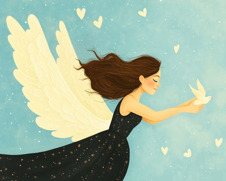 A fairy with long brown hair and glowing wings in a star-speckled black dress gently releases a white dove into a blue sky filled with soft floating hearts.
