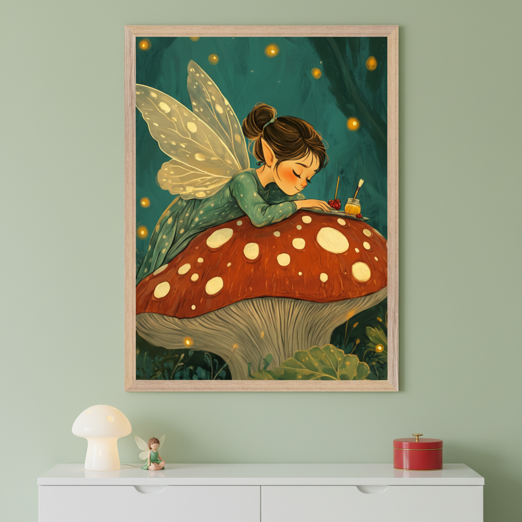 Kid's bedroom with sage green walls. A framed illustration of a winged fairy on a red mushroom, looking at tiny art supplies, hangs above a white dresser. A mushroom lamp and small fairy figurine are on the dresser.