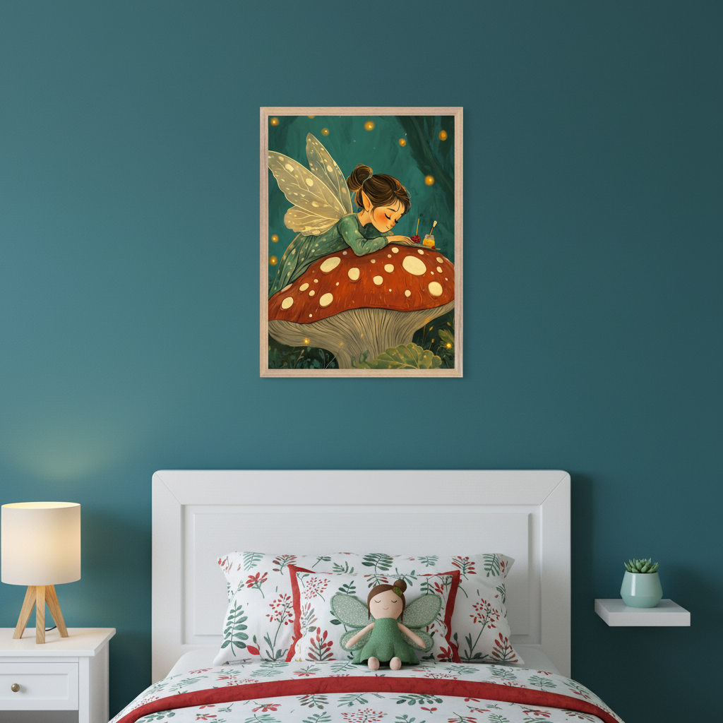 Kid's bedroom with a white bed and nightstand. A framed illustration of a fairy writing on a red mushroom is centered above the bed on a teal wall. A green fairy doll sits on the bed.