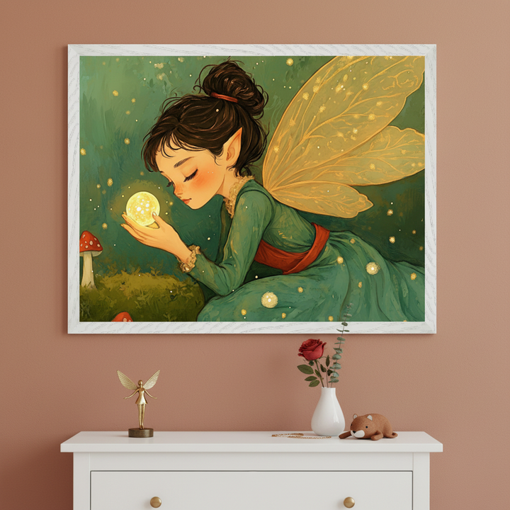 Framed illustration of a fairy with golden wings and a green dress, gently holding a glowing orb of light while kneeling in a magical forest setting. The artwork hangs on a terracotta-colored wall above a white cabinet decorated with a fairy figurine, a red rose in a vase, and a small plush bear.