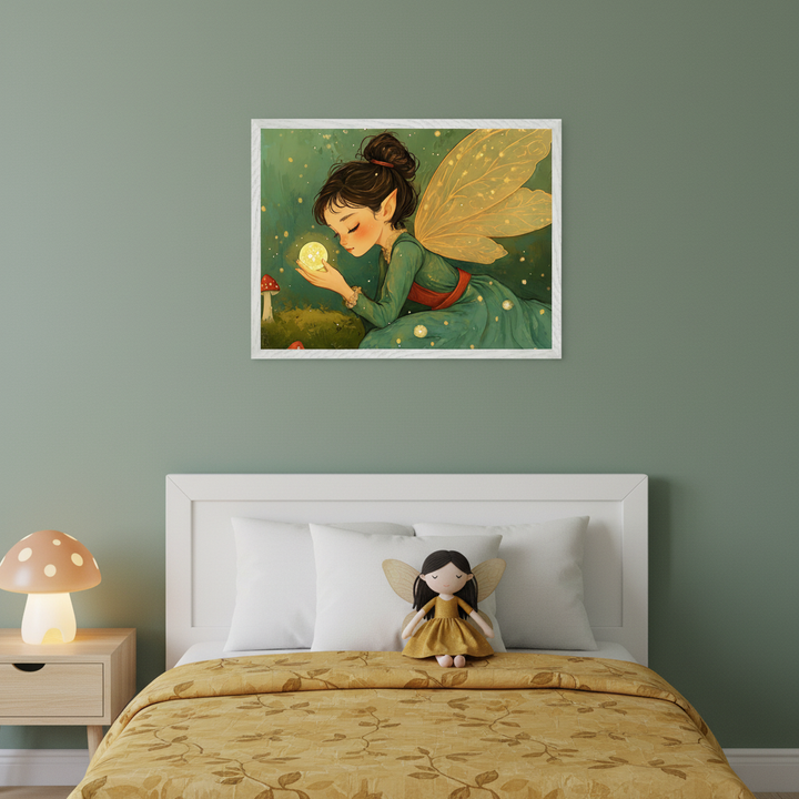 Kid's bedroom with a white bed, yellow patterned duvet, and a light wood nightstand with a mushroom lamp. Centered above the bed, a framed illustration of a dark-haired fairy with golden wings in a green dress, holding a glowing orb, surrounded by sparkles and small red mushrooms.
