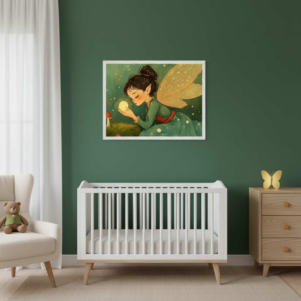 Modern nursery with dark green walls. A white framed illustration of a fairy holding a glowing orb hangs above a white crib. A beige armchair with a teddy bear is to the left, and a wooden dresser with a gold butterfly is to the right.