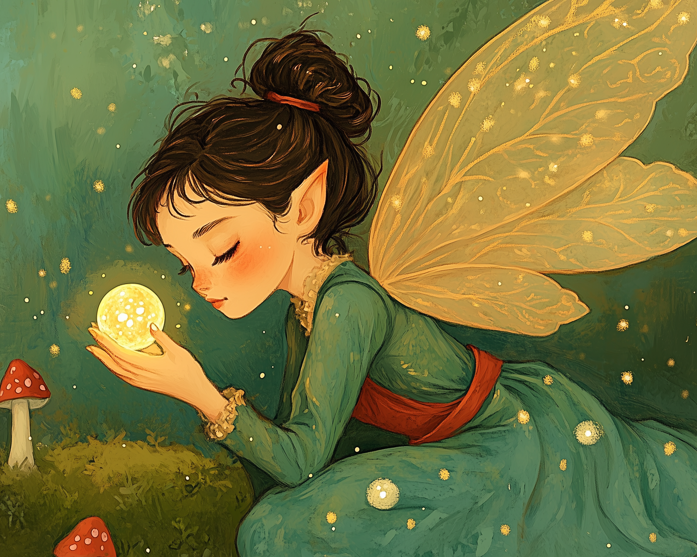 A peaceful fairy with golden wings and a green dress kneels on the grass, gently holding a glowing orb in her hands with small mushrooms at her feet.