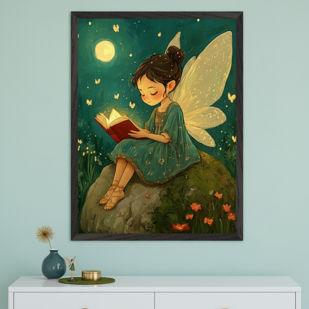 Framed nursery wall art depicting a fairy with glowing wings and a teal dress, sitting on a mossy rock under a full moon while reading a magical book surrounded by fireflies and butterflies. The scene is cozy and enchanting, with red flowers at the base and a peaceful nighttime atmosphere, complementing the soft decor on the white dresser below.