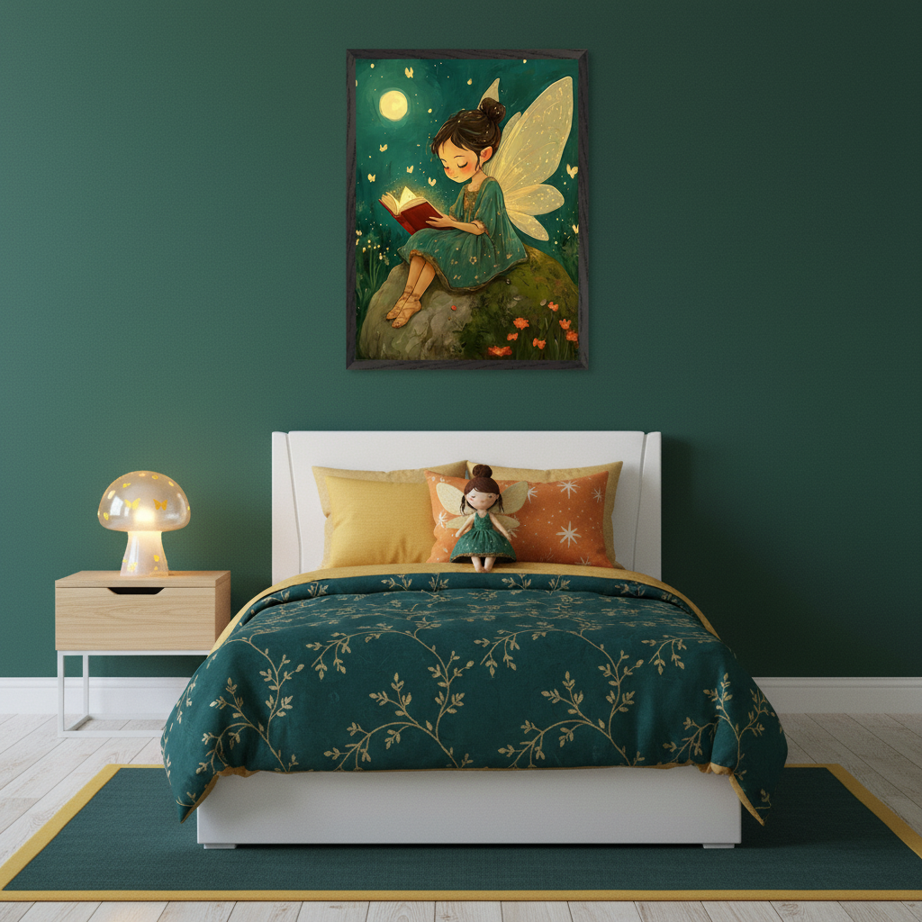 Kid's bedroom with a dark green wall. A white bed with green and yellow bedding is centered. A light wood nightstand with a mushroom lamp is to the left. Above the bed, a large framed art print depicts a whimsical fairy with big wings reading a glowing book on a rock under a full moon, surrounded by fireflies.