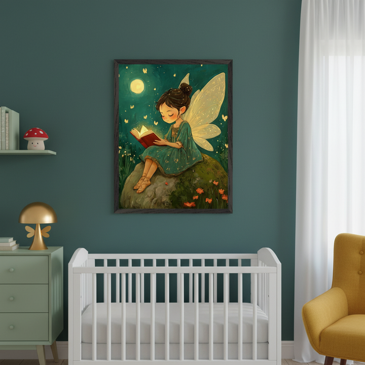 Modern nursery with a white crib. A framed illustration of a fairy reading a glowing book under moonlight and butterflies hangs above the crib. A mint green dresser is left; a yellow armchair is right.