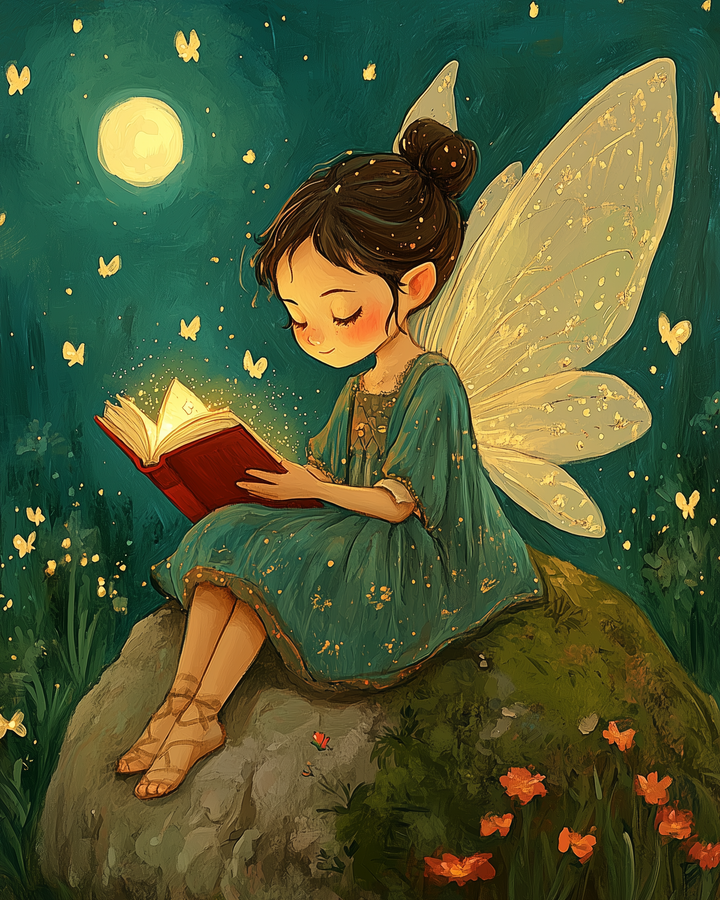 A fairy sits on a rock under the full moon, reading a glowing book as butterflies flutter around her and warm lights glow in the surrounding forest.
