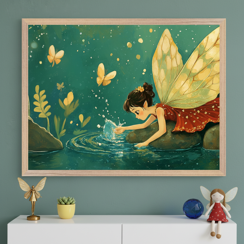 Framed illustration of a fairy in a red dress with golden wings playfully touching the water while lying on a rock beside a shimmering pond, surrounded by butterflies and glowing foliage. The whimsical artwork hangs above a white dresser adorned with fairy-themed decor, creating a magical and serene atmosphere.