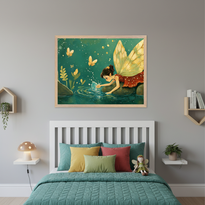 Kid's bedroom with a white headboard bed and teal comforter. A large framed painting of a fairy with yellow wings and a red dress splashing water in a pond, with golden butterflies, hangs above the bed. Floating shelves flank the bed.