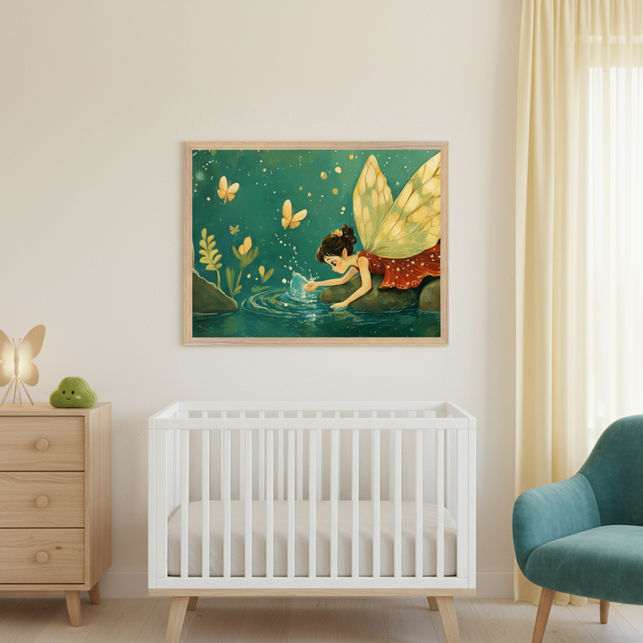 Modern nursery with a white crib, wood dresser, and teal armchair. A large framed painting of a fairy with yellow wings splashing water in a green pond, surrounded by yellow butterflies, hangs above the crib.