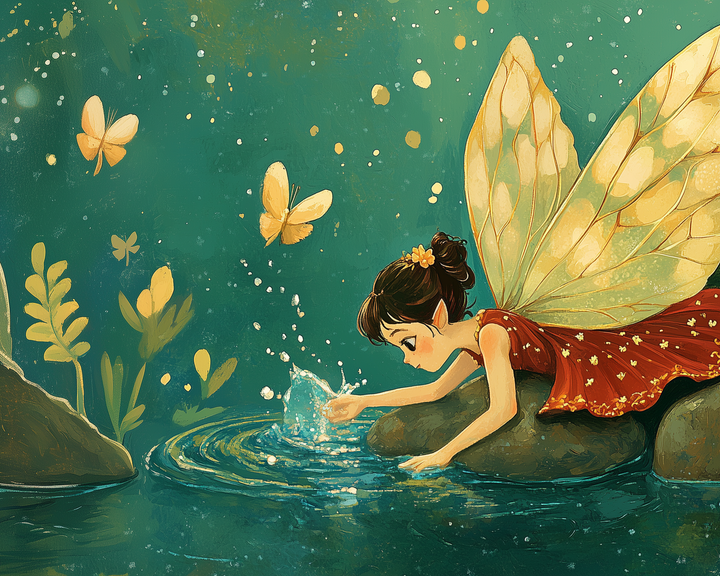 A fairy in a red dress leans over a rock to touch the surface of a pond, creating a splash while glowing butterflies drift through the air.
