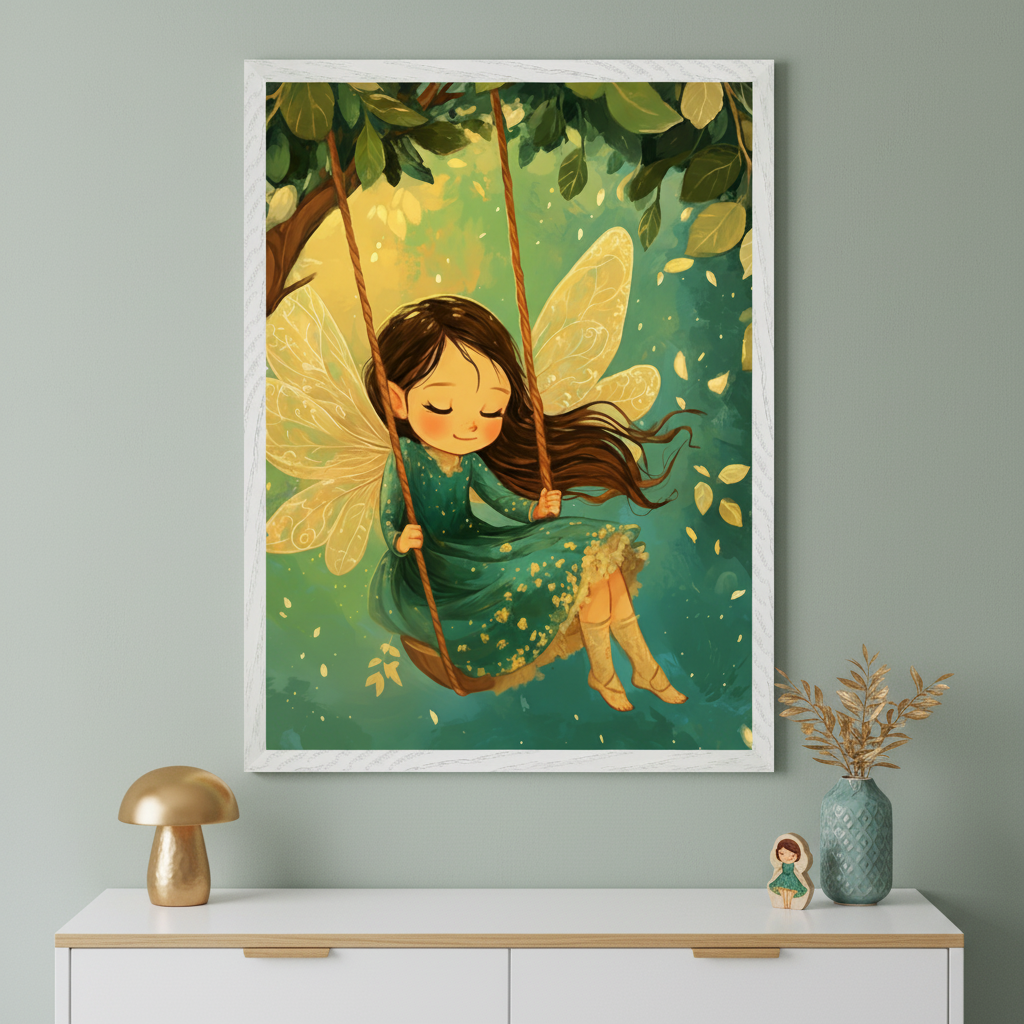 Modern room with a white dresser. Above it, a large framed artwork shows a whimsical illustration of a happy fairy girl with wings in a green dress, swinging on a tree swing in a lush, sunlit forest.