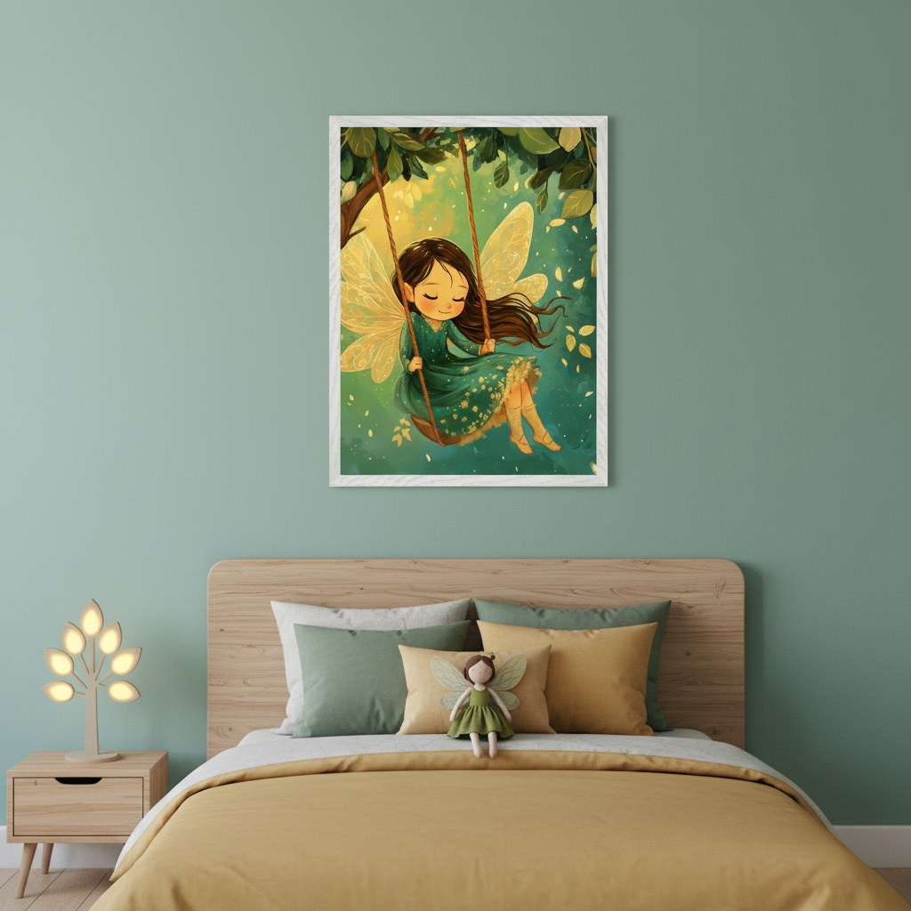 Kid's bedroom with a wooden headboard bed and yellow bedding against a sage green wall. A large framed cartoon illustration of a fairy on a swing in a forest hangs above the bed.