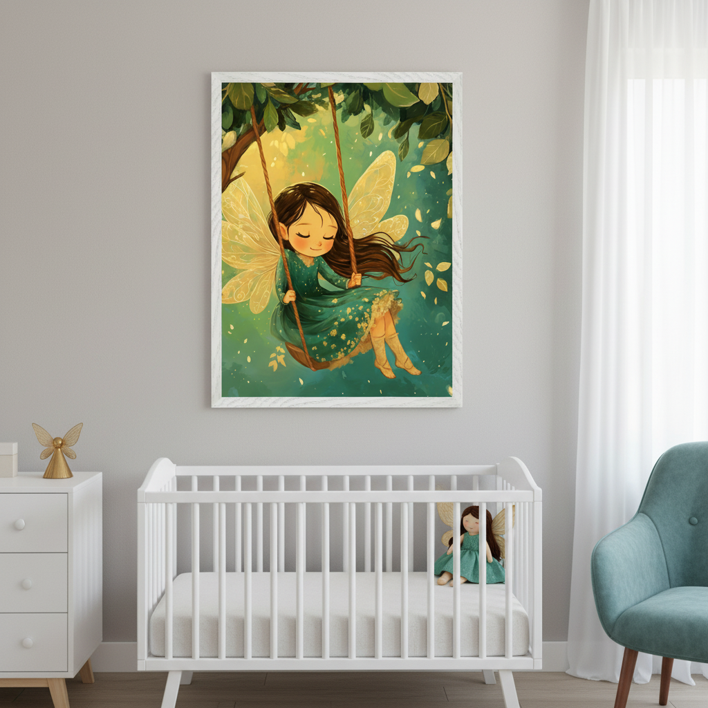 Modern nursery with a white crib and dresser against a gray wall. A large framed print of a whimsical fairy with brown hair and yellow wings on a swing hangs above the crib. A matching fairy doll sits in the crib.