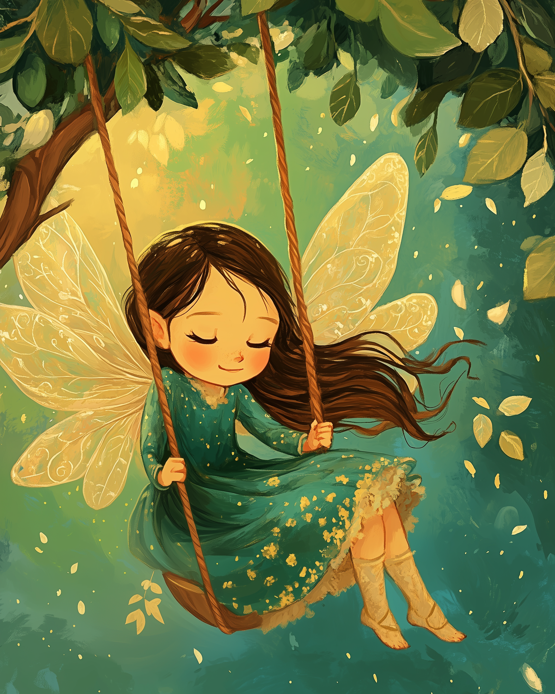 A content fairy with translucent wings and a green dress swings gently under a leafy tree, surrounded by floating golden leaves in a glowing woodland setting.