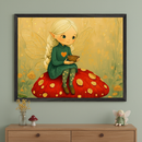 Framed illustration of a fairy girl with blonde braided hair and translucent wings, sitting on a large red mushroom with white spots. She wears a green dress with a heart on the chest, holds a small brown bowl, and is surrounded by soft golden light and yellow flowers, creating a warm and enchanting woodland scene.