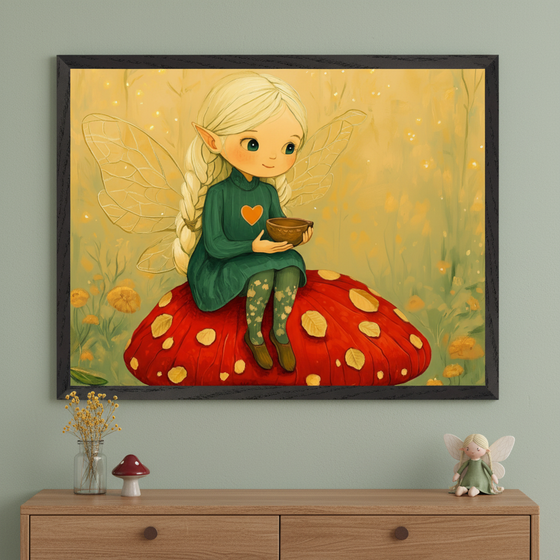 Framed illustration of a fairy girl with blonde braided hair and translucent wings, sitting on a large red mushroom with white spots. She wears a green dress with a heart on the chest, holds a small brown bowl, and is surrounded by soft golden light and yellow flowers, creating a warm and enchanting woodland scene.
