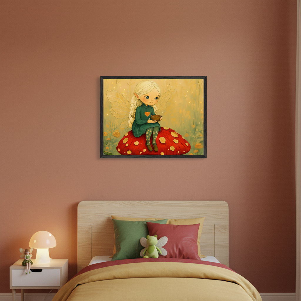 Kid's bedroom with a wooden bed and white nightstand. A framed illustration of a blonde fairy on a red mushroom hangs centered above the bed. The fairy wears a green dress and holds a bowl. Artwork is in a whimsical cartoon style.