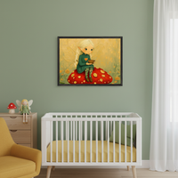 Modern nursery with a sage green wall, white crib, wood dresser, and yellow armchair. Above the crib and dresser, a framed print shows a blonde fairy on a red mushroom in a childlike illustration style.