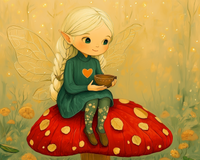 A cheerful fairy with white braided hair and golden wings sits on a red-spotted mushroom, holding a small wooden bowl and wearing a green dress with a heart on her chest.
