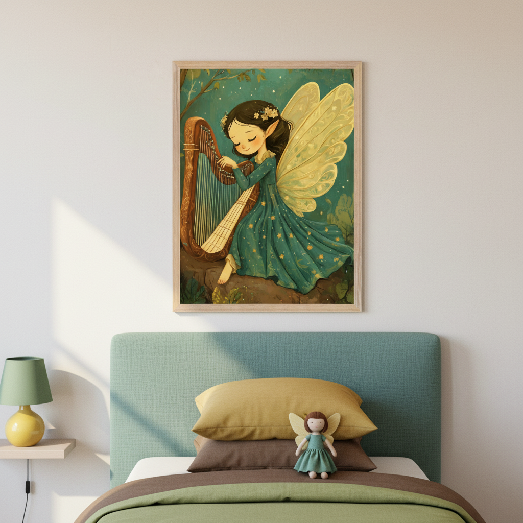 Kid's bedroom with a bed featuring a teal upholstered headboard, a yellow lamp on a nightstand, and a fairy doll. A framed whimsical illustration of a dark-haired fairy with yellow wings playing a harp hangs centered above the bed.