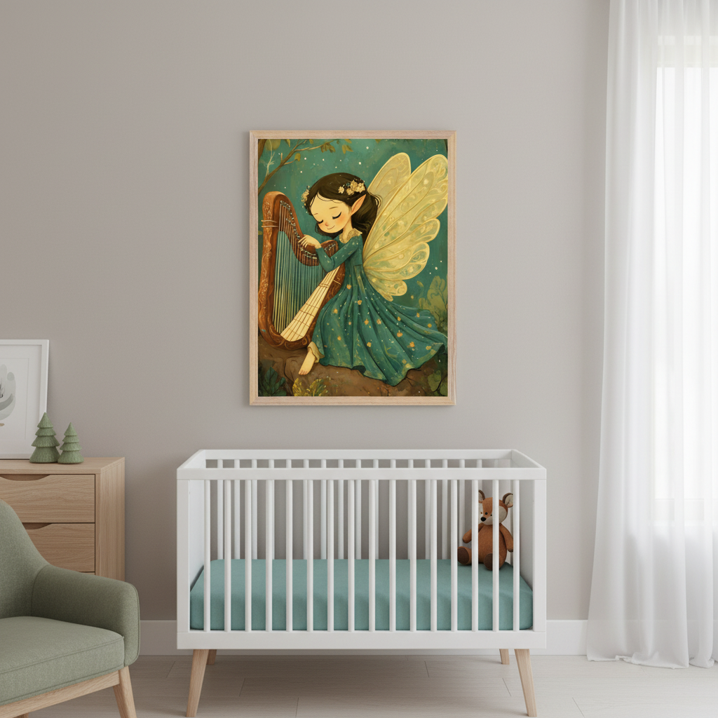 Modern nursery with a white crib, light wood dresser, and green armchair. A framed whimsical illustration of a fairy with yellow wings and a green dress playing a golden harp hangs above the crib on a gray wall.