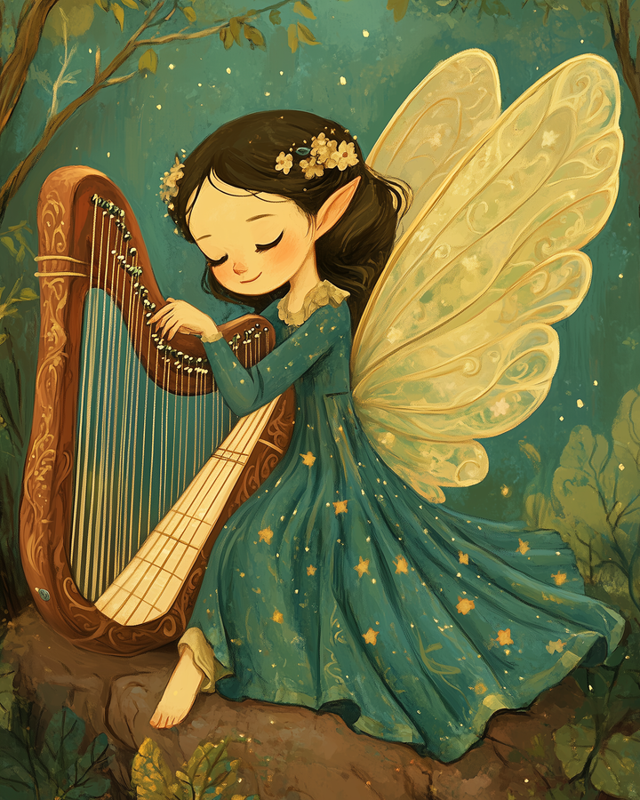 A fairy with glowing golden wings and a flower crown gently plays a large harp in a forest clearing, wearing a green dress with scattered star details.
