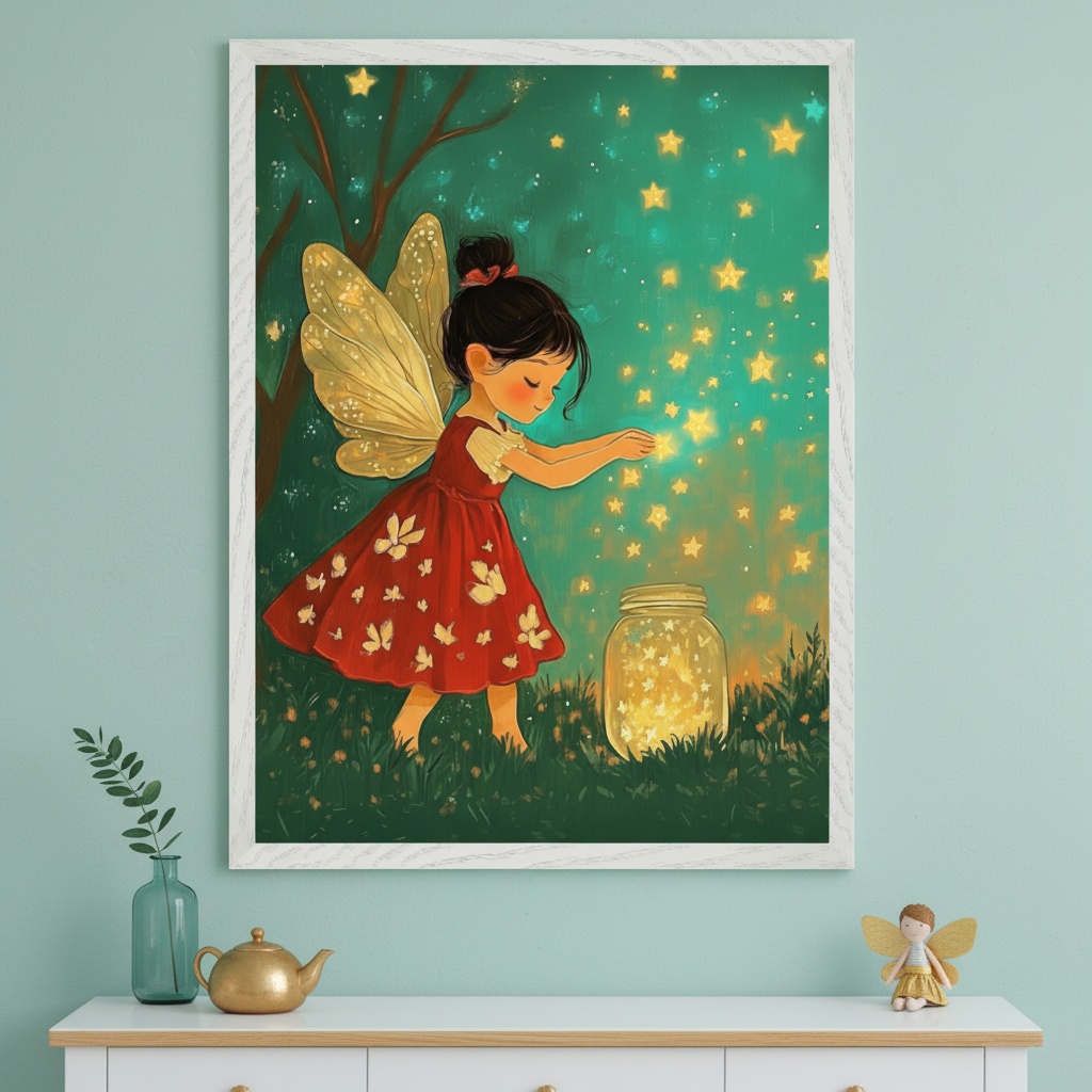 Framed illustration of a young fairy girl in a red dress with white butterflies, gently reaching toward glowing golden stars rising from a glass jar. The background is a magical forest scene with soft green hues and twinkling lights, creating a dreamy, whimsical atmosphere.